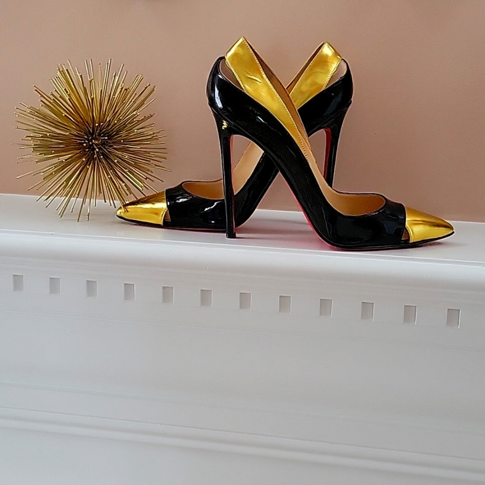 Christian Louboutin Stiletto Heels, Size 41, Black Patent/Gold Leather